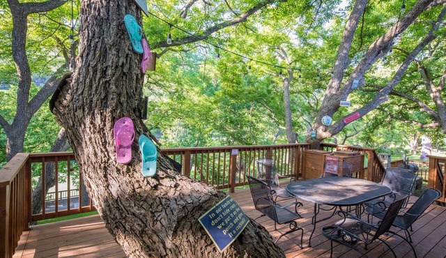 Bohemian Hill: NB Cypress-Lined Guadalupe Riverfront + Main & Guest House + Shady Decks & Backyard
