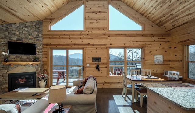 Peaceful Cabin with mountain view! Hot tub, fire-pit and indoor fireplace!